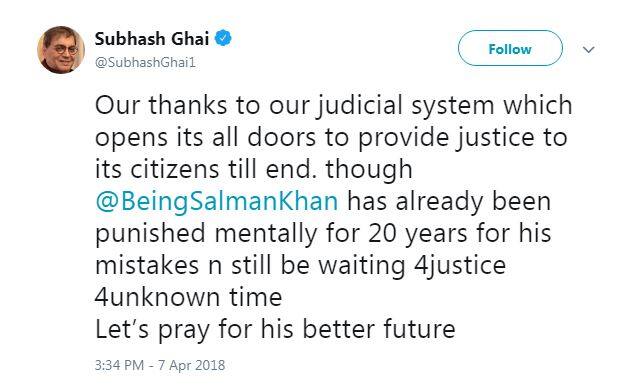 निर्देशक सुभाष घई ने ट्वीट कर कहा,