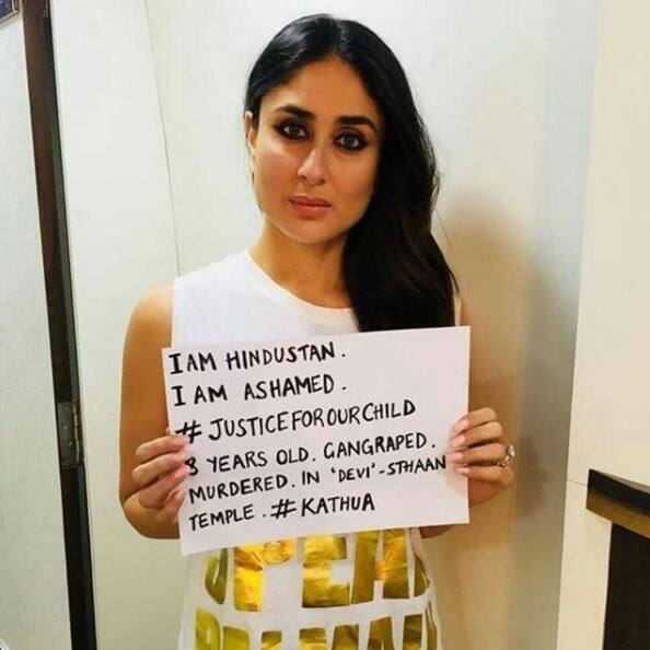 हाल ही में हुए जम्मू-कश्मीर के कठुआ में गैंगरेप पर बॉलीवुड एक्ट्रेस करीना कपूर खान ने सोशल मीडिया पर अपना गुस्सा बयां किया है. उन्होंने पोस्टर के जरिए लिखा,