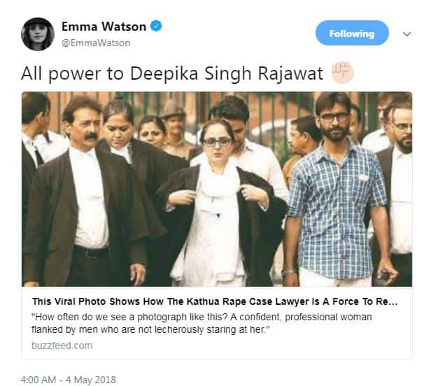 कठुआ गैंगरेप पीड़िता की वकील दीपिका के समर्थन में आईं हॉलीवुड स्टार एमा वॉट्सन
