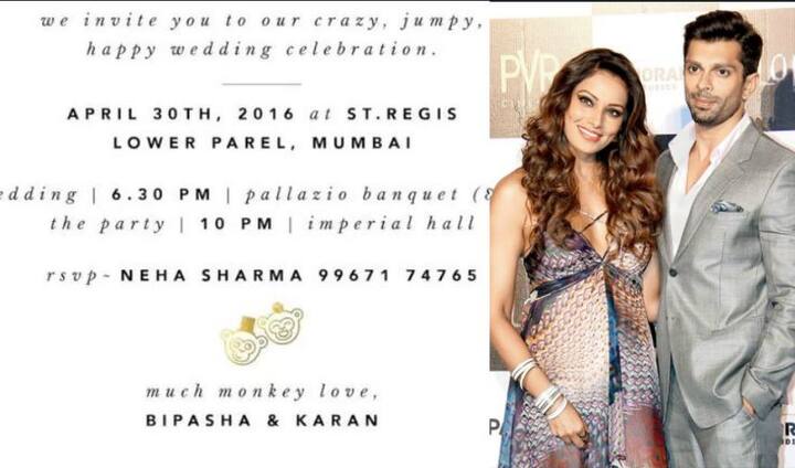 बॉलीवुड एक्ट्रेस बिपाशा बसु और टीवी एक्टर करण सिंह ग्रोवर की शादी 30 अप्रैल 2016 को हुई थी. दोनों की शादी का कार्ड काफी साधारण था. लेकिन अपने मंकी लव वाले कोट की वजह से इनकी शादी के कार्ड की काफी चर्चा हुई.