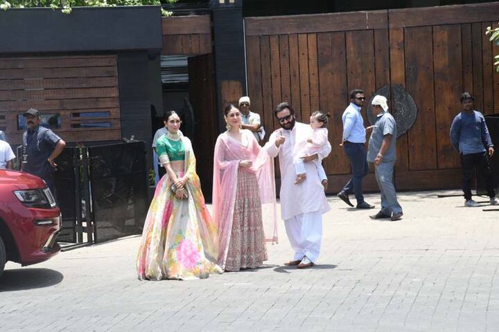 करीना कपूर पिंक लहंगे में नज़र आईं हैं तो वहीं सैफ और तैमूर भी उसी कलर की ट्रेडिशनल ड्रेस में दिखे हैं.