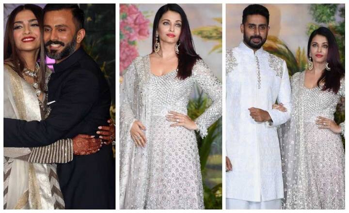 पूर्व मिस वर्ल्ड और बॉलीवुड अभिनेत्री ऐश्वर्या राय बच्चन सोनम कपूर की रिसेप्शन पार्टी में पति अभिषेक बच्चन का हाथ थामे पहुंची. आगे की स्लाइड्स में देखिए इस खूबसूरत स्टार कपल की बेहतरीन तस्वीरें. (तस्वीर: मानव मंगलानी)