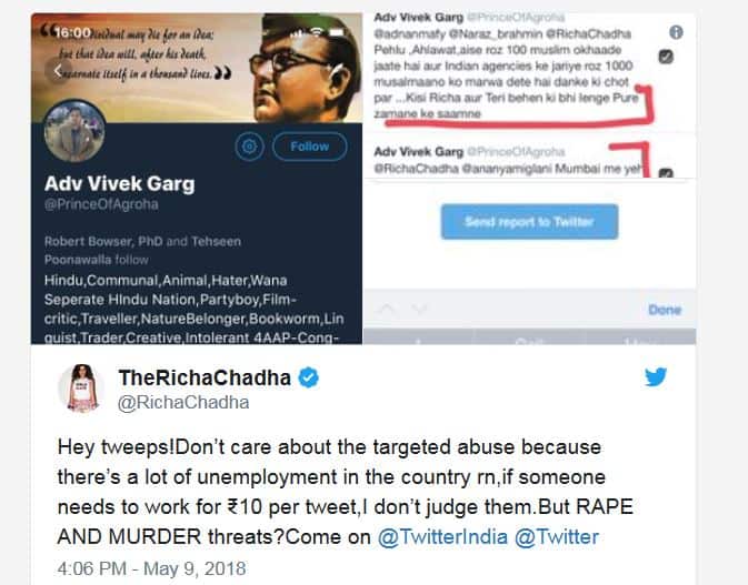 ऋचा चड्ढा को ट्विटर पर मिली रेप और हत्या की धमकी, ऐसे दिया ट्रोल को जवाब