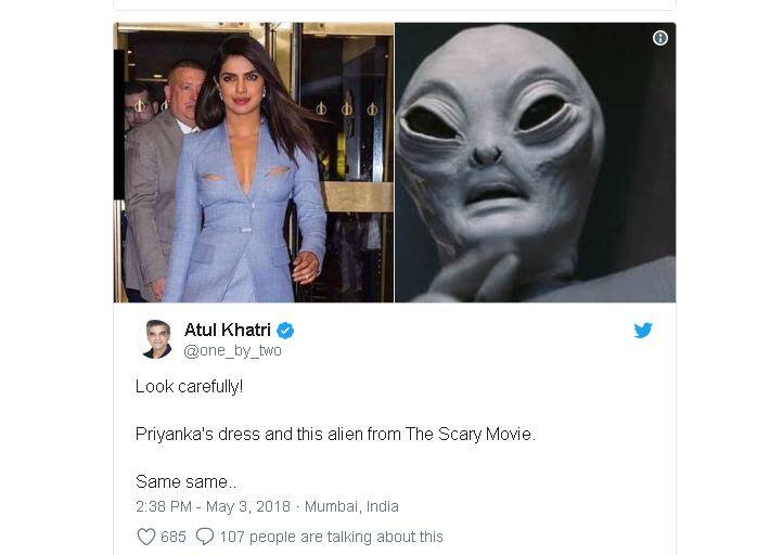 अतुल खतरी लिखते हैं कि प्रियंका की ड्रेस को ध्यान से देखे स्केरी मूवी का एलियन लग रही है. फोटोः ट्विटर