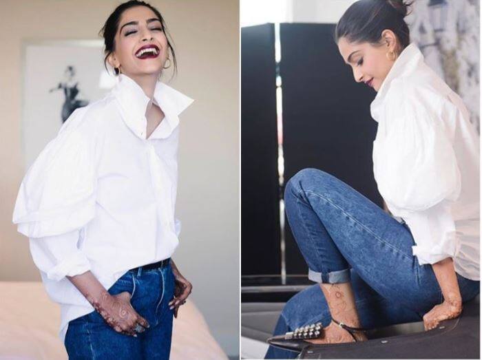 इस लुक को उन्होंने ट्रेंडी हेयर बन और मरून मैट लिप्सटिक के साथ कंप्लीट किया था. इस लुक में सोनम ने जो जिंस पहनी है उसकी कीमत 1850 रु बताई जा रही है. ये जींस उनके पति 'भाने' की ब्रांड की है.