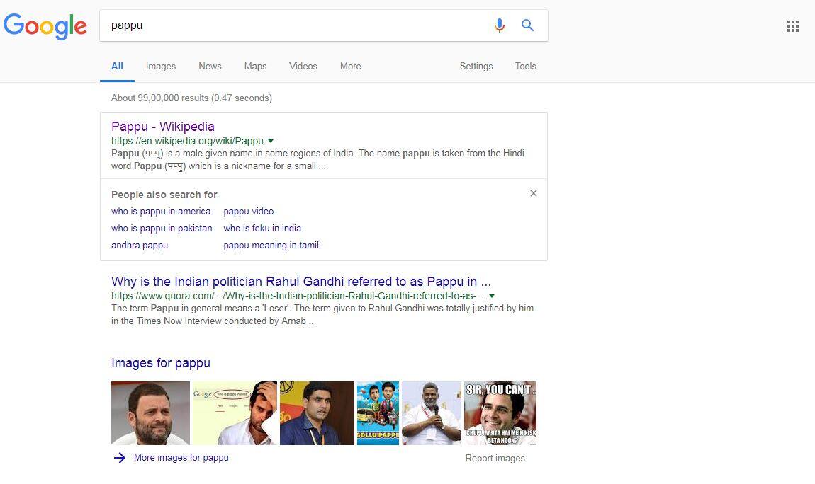Google पर 'Pappu' सर्च करने पर सबसे पहले आ रहा है राहुल गांधी का नाम
