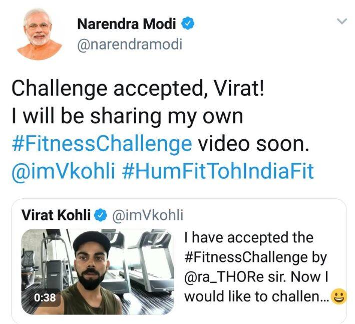  इसके बाद ही प्रधानमंत्री मोदी ने विराट को जवाब देते हुए लिखा, चैलेंज स्वीकार है, मैं जल्द ही अपना वीडियो शेयर करूंगा. (तस्वीर-इंस्टाग्राम)