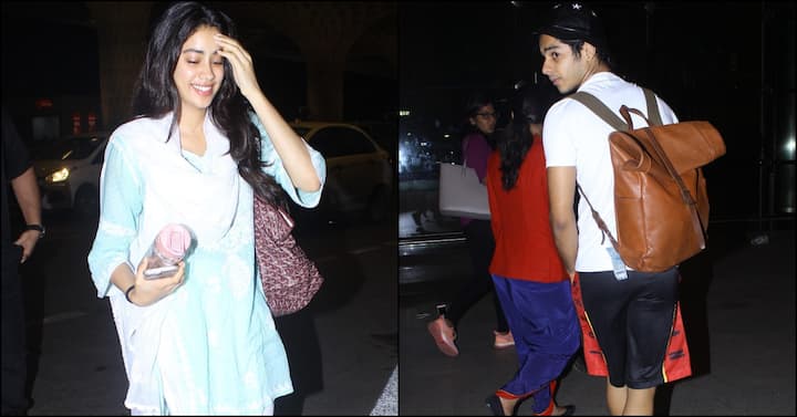 बीते रोज़ मुंबई एयरपोर्ट पर कई सेलिब्रिटीज़ को स्पॉट किया गया, जिनमें जाह्नवी कपूर और ईशान खट्टर शामिल रहे. (तस्वीर: मानव मंगलानी)