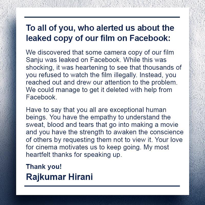 संजू' के लीक होने पर डायरेक्टर राजकुमार हिरानी ने तोड़ी चुप्पी