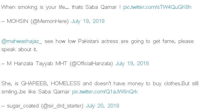 लोगों ने इस पर कमेंट करते हुए कहा है कि पाकिस्तान की एक्ट्रेस नाम कमाने के लिए किसी भी हद तक गिर सकती हैं. जबकि कुछ ने ये लिखा है कि सबा पाकिस्तानी एक्ट्रेस माहिरा के नक्शेकदम पर चल रही हैं. वहीं एक ने सबा का साथ देते हुए लिखा है कि वो गरीब है उसके पास पैसे नहीं है लेकिन फिर भी मुस्कुरा रही है. आप लोगों को सबा जैसा बनना चाहिए. एक यूजर ने प्रतिक्रिया दी है कि जब स्मोकिंग आपकी लाइफ बन जाए तो वो सबा क़मर है. फोटोः ट्विटर