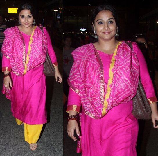 विद्या बालन एयरपोर्ट पर हाल ही में पीले रंग की सलवार और पिंक सूट में स्पॉट हुई. फोटोः इंस्टाग्राम