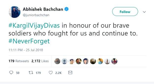 अभिषेक बच्चन : कारगिल विजय दिवस हमारे बहादुर सैनिकों के सम्मान में है, जिन्होंने हमारे लिए जंग लड़ी. कभी मत भूलना. फोटोः ट्विटर