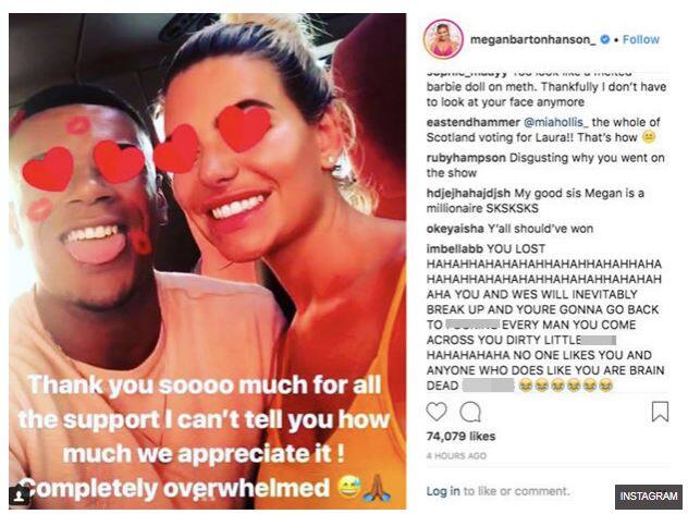 एक्ट्रेस मेगन बार्टन ने हाल में अपने ब्वॉयफ्रेंड वेस नेल्सन के साथ 'लव आइलैंड' रियलिटी शो के आखिरी एपिसोड की एक तस्वीर अपने इंस्टाग्राम पर शेयर की थी जिसके लिए वो ट्रोल भी हो गई थी. तस्वीर में दोनों ने आंखों और सिर पर दिल का साइन लगा रखा था. इससे काफी सोशल मीडिया पर विवाद हुआ. इस पर एक फॉलोअर्स ने कमेंट करते हुए लिखा कि अगर आप लोग एक साथ आते हैं तो वो आत्महत्या कर लेंगे. जिसके बाद उन्होंने तस्वीर को इंस्टाग्राम से हटा लिया. (तस्वीर: इंस्टाग्राम)