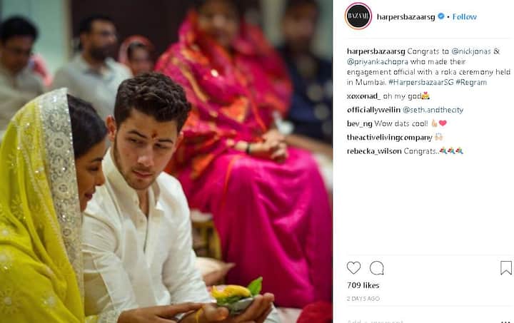  हार्पर बाजार मैगजीन के सिंगापुर इंस्टाग्राम पेज पर लिखा है कि निक जोनास और प्रियंका को बधाई जिन्होंने मुंबई में रोका सेरेमनी करके अपनी एंगेजमेंट को आधिकारिक बनाया है. फोटोः इंस्टाग्राम