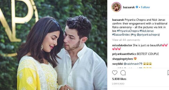 हार्पर बाजार मैगजीन के यूके इंस्टाग्राम पेज पर प्रियंका और निक जोनास की ये तस्वीर पोस्ट करते हुए लिखा गया कि दोनों की ट्रेडिशनल अंदाज में रोका सेरेमनी के बाद एंगेज हो गए हैं. फोटोः इंस्टाग्राम