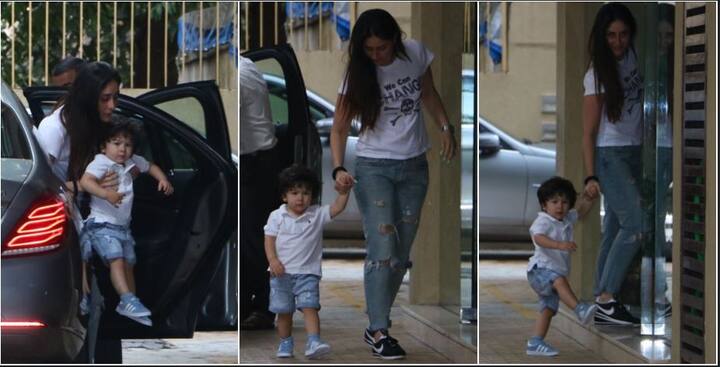 करीना कपूर खान बेटे तैमूर के साथ आज अपने घर के बाहर कैमरा में कैद हुईं. इस दौरान तैमूर मां के हाथों को थामे नज़र आए. (तस्वीर: मानव मंगलानी)