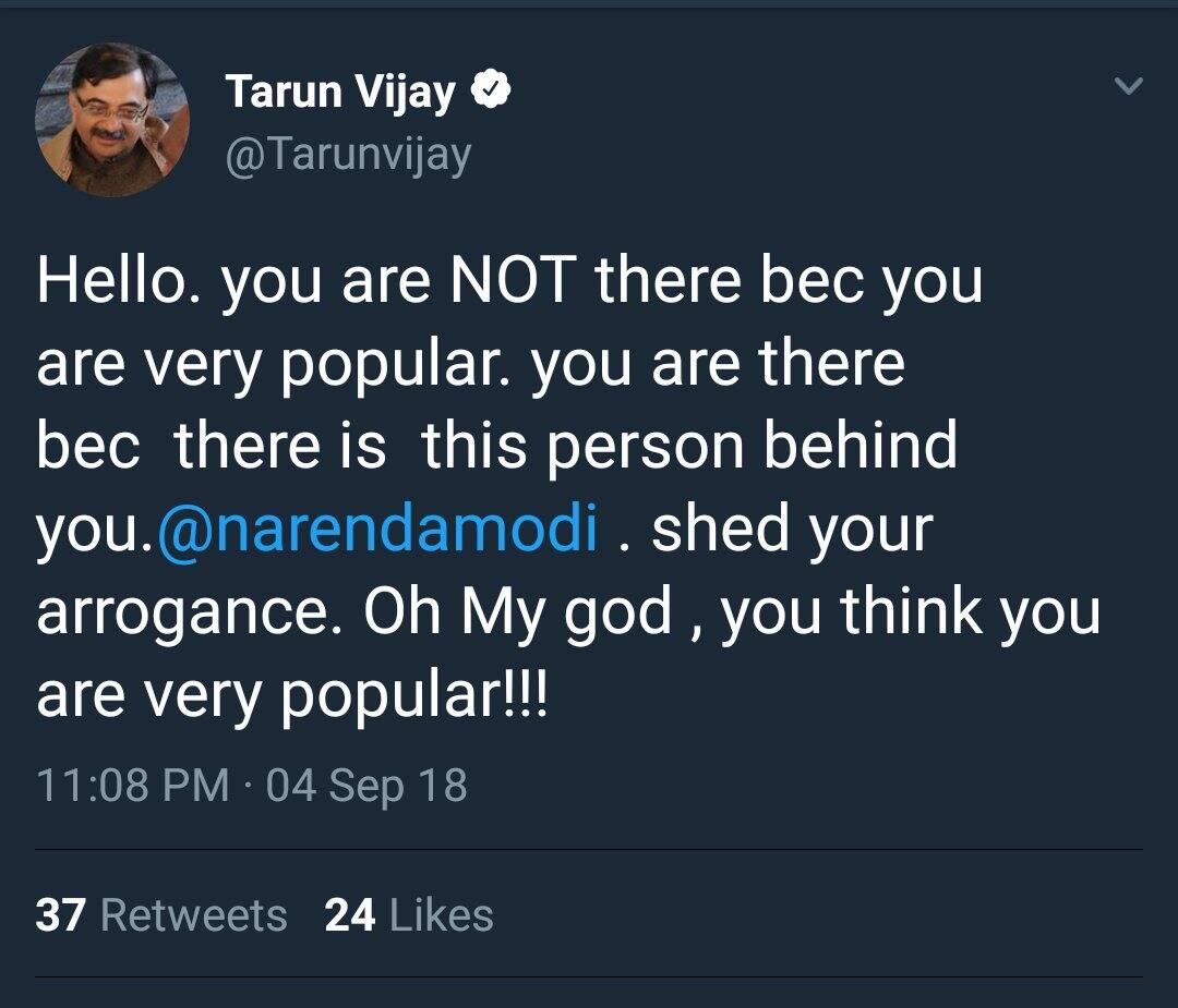 तरुण विजय के मोदी विरोधी ट्वीट कांग्रेस ने कहा- राहुल के लिए जो कुछ लिखा, हुक्मरानों के डर से उसे मिटाइये नहीं