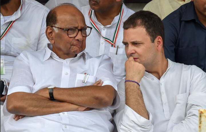 मंच पर कांग्रेस अध्यक्ष राहुल गांधी बगल में बैठे एनसीपी प्रमुख शरद पवार से बात करते दिखे. तस्वीर: पीटीआई