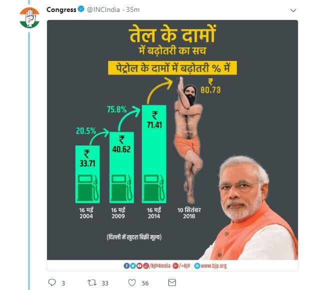 वहीं, एक ज़माने में सरकार बदलने के बाद तेल की कीमतें कम होने का दावा करने वाले रामदेव को भी एक ट्वीट में चौथे टैब पर पेस्ट कर दिया गया है. चौथा टैब वो टैब है जो तेल की सबसे ज़्यादा ऐतिहासिक कीमतें दिखाता है.