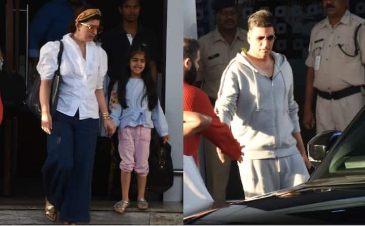 बॉलीवुड अभिनेता अक्षय कुमार आज अपनी बेटी नितारा और पत्नी ट्विंकल खन्ना के साथ मुंबई के कलीना एयरपोर्ट पर नज़र आए. अक्षय अपने परिवार के साथ एक छोटे से हॉलीडे पर जैसलमेर गए थे जहां से वह आज लौटे हैं. (तस्वीर: मानव मंगलानी)
