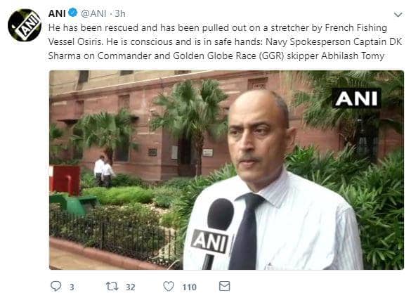 गोल्डन ग्लोब रेस के दौरान महासागर में फंसे भारत के नेवी कमांडर अभिलाष टोमी को बचाया गया