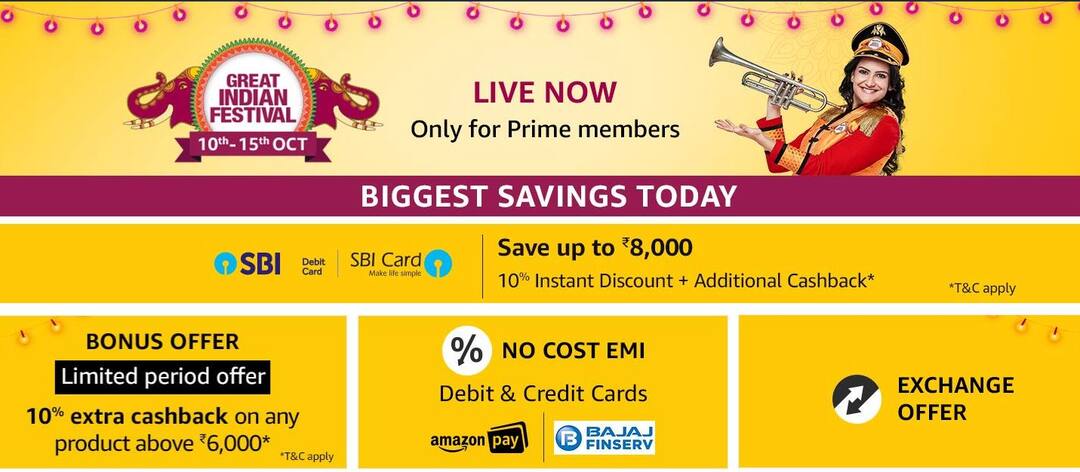 Amazon Great Indian Festival Sale: सभी के लिए ओपन हुआ सेल, मोबाइल फोन, फैशन और टीवी के साथ इन चीजों पर बंपर ऑफर Amazon Prime Sale Today: Check Exciting offers on mobiles, Electronics, TV, Fashion and Products on Navratri Sale Amazon Great Indian Festival Sale: सभी के लिए ओपन हुआ सेल, मोबाइल फोन, फैशन और टीवी के साथ इन चीजों पर बंपर ऑफर