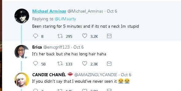 इस तस्वी‍र पर बहुत से लोगों ने कमेंट किया कि ये गर्दन है. लेकिन थोड़ी देर बाद लोगों को ध्यान से देखने पर समझ आया दरअसल, ये बैकलेस फोटो है. फोटोः   ट्विटर 