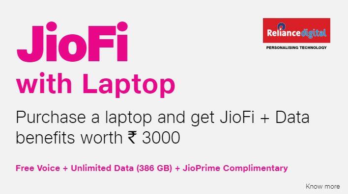 लैपटॉप के साथ जियोफाई बेनिफिट्स वो भी 3000 रुपये: नए लैपटॉप पर यूजर्स को 3000 रुपये का फायदा मिलेगा जिसमें अनलिमिटेड डेटा, वॉयस, 386 जीबी डेटा और जियोप्राइम की मेंबरशिप शामिल है.