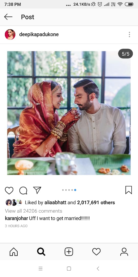 दीपिका-रणवीर की WEDDING PHOTOS देखकर करण जौहर बोले- उफ्फ, मुझे भी करनी है शादी