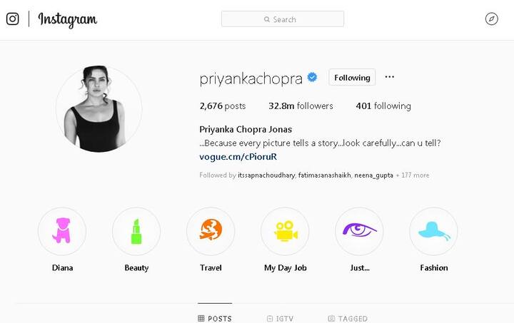 वहीं सोशल मीडिया पर एक्टिव प्रियंका चोपड़ा ने इंस्टाग्राम पर अपना सरनेम बदल कर प्रियंका चोपड़ा जोनस रख लिया है. फोटोः इंस्टाग्राम