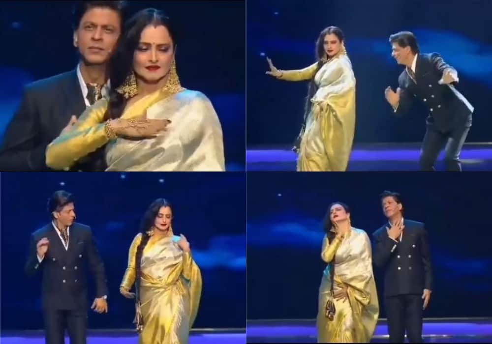 Rekha dance with shah rukh khan on mere rashke kamar watch unbeatable chemistry of rekha and shah rukh khan Video: शाहरुख खान के साथ स्टेज पर रेखा ने 'रश्के कमर' पर किया ऐसा डांस, देखते रह गए सभी