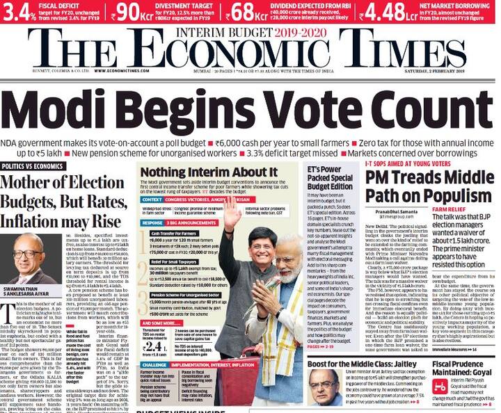 अंग्रेजी अखबार इकोनोमिक टाइम्स ने लिखा है कि सरकार ने चुनावों से पहले पेश हुए इस बजट को Vote-on-Account बना दिया है.