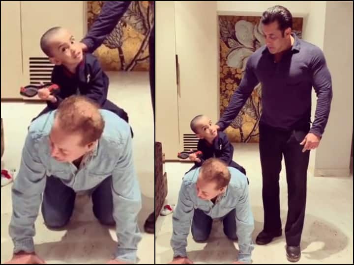 Arpita Khan Sharma shares a special Video of Ahil Sharma, Salman khan and father Salim khan सलमान खान ने भांजे आहिल को करवाई नाना सलीम खान के पीठ की सवारी, देखें वीडियो