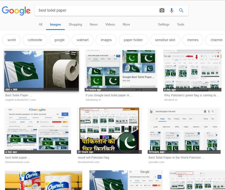 गूगल पर 'टॉयलेट पेपर' सर्च करने पर दिखता है पाकिस्तानी झंडा search best toilet paper in the world it shows pakistan's flag गूगल पर 'टॉयलेट पेपर' सर्च करने पर दिखता है पाकिस्तानी झंडा