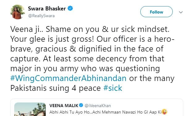 पाकिस्तानी एक्ट्रेस ने विंग कमांडर अभिनंदन को लेकर किए ऐसे ट्वीट की भड़की स्वरा भास्कर ने दिया मुंहतोड़ जवाब