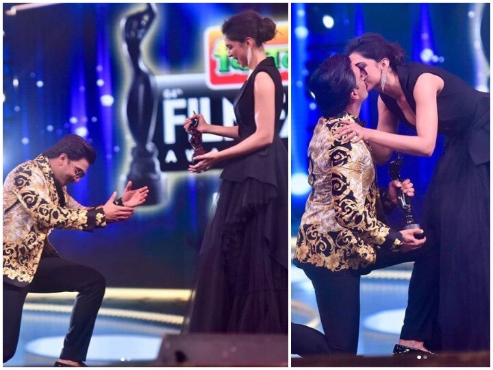 Ranveer Singh receiving the best actor award on knees from wife deepika padukone deepika kisses ranveer  घुटनों पर बैठकर रणवीर सिंह ने पत्नी से लिया बेस्ट एक्टर का अवॉर्ड तो दीपिका ने किया Kiss, यहां देखिए INSIDE VIDEOS