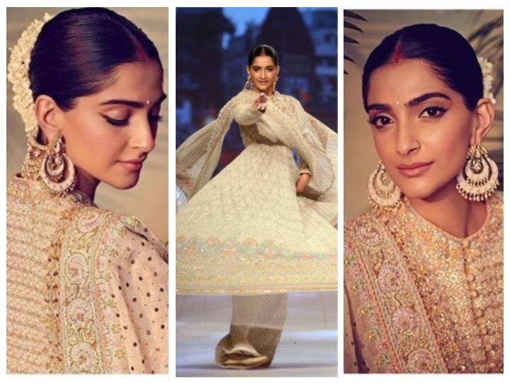 Sonam Kapoor walks the ramp showcasing work of Abu Jani and Sandeep Khosla मांग में सिंदूर लगाए रैंप पर उतरीं सोनम कपूर, 'घर मोरे परदेसिया' पर किया डांस, देखें VIDEO