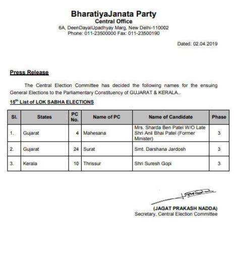 Loksabha Election 2019: BJP ने जारी की 15वीं लिस्ट, 3 उम्मीदवारों के नाम का एलान किया