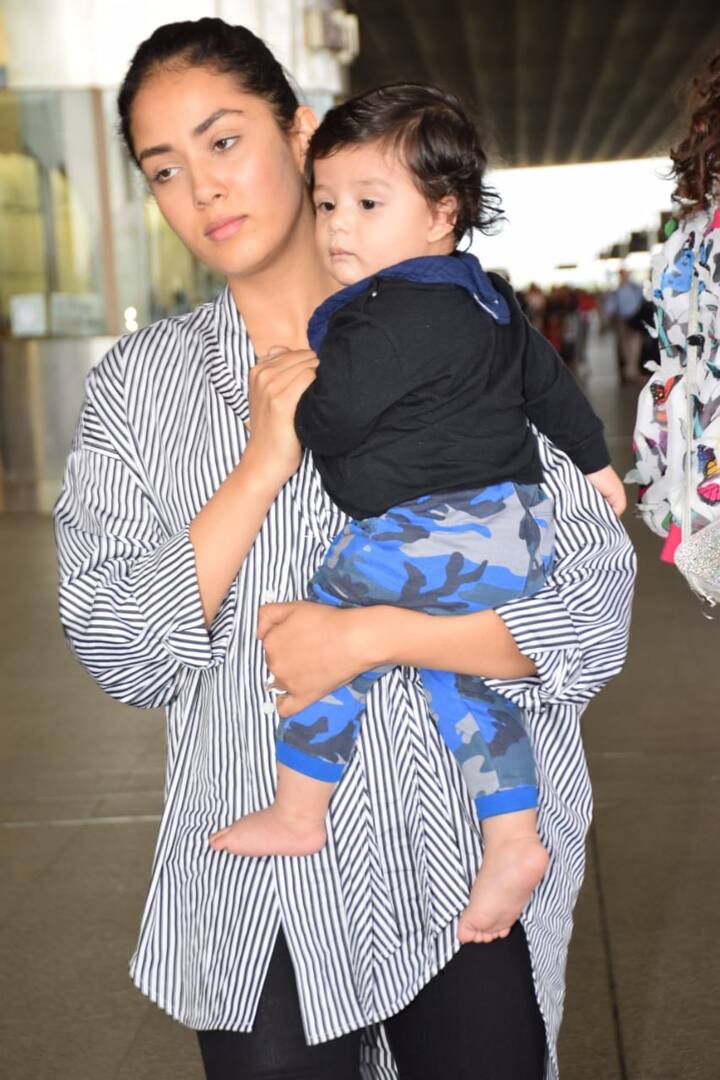 इस दौरान एयरपोर्ट पर मीरा कपूर बेटे जेन को गोद में लिए दिखीं.