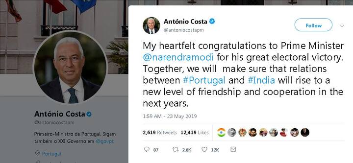 पुर्तगाल के प्रधानमंत्री ने पीएम नरेंद्र मोदी को बधाई दी है. इसके अलावा मालदीव के राष्ट्रपति ने भी पीएम मोदी को बधाई दी है.  फोटोः  ट्विटर 
