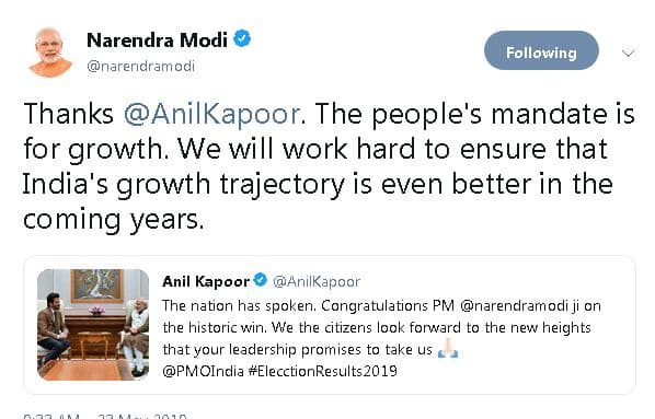 बॉलीवुड एक्टर अनिल कपूर को धन्यवाद करते हुए मोदी जी ने लिखा कि लोगों का जनादेश विकास के लिए है. हम यह सुनिश्चित करने के लिए कड़ी मेहनत करेंगे कि आने वाले वर्षों में भारत का विकास और भी बेहतर हो.