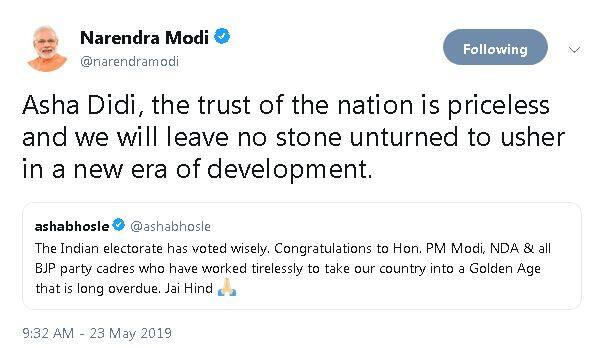  गायिका आशा दीदी को मोदी जी ने लिखा कि राष्ट्र का विश्वास अमूल्य है और हम विकास के एक नए युग की शुरुआत करने में कोई कसर नहीं छोड़ेंगे.