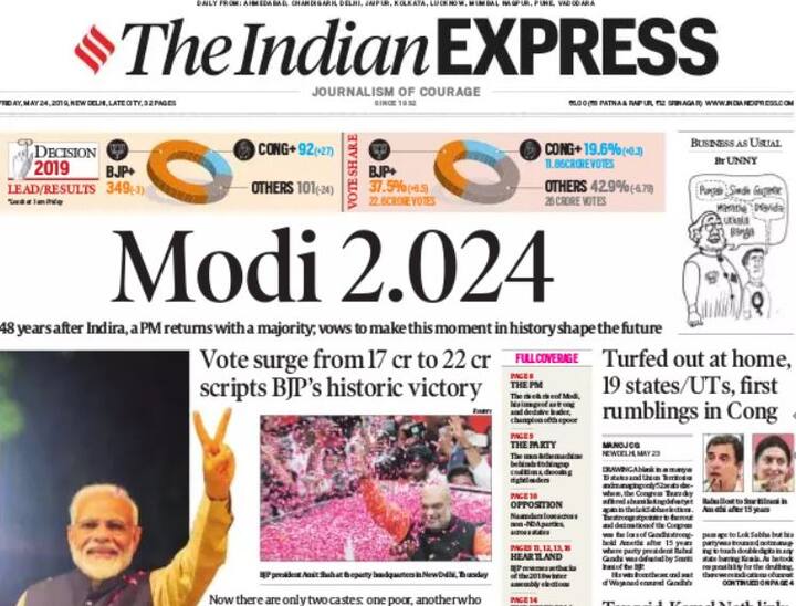 इंडियन एक्सप्रेस ने हेडिंग में मोदी 2.024 लिखा है. इसके साथ ही अखबार ने सबहेड में लिखा है कि पीएम मोदी जिस बहुमत के साथ सत्ता में लौटे हैं वह वैसा ही है जैसा कि 48 साल पहले इंदिरा गांधी सत्ता में लौटी थीं.
