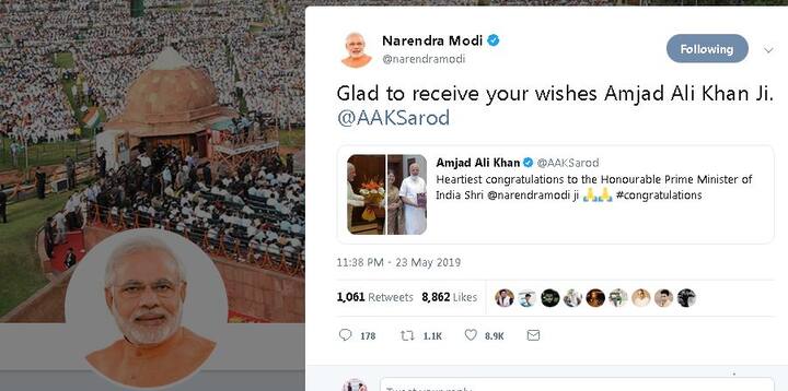 सरोद मास्टर और म्यूजिक कंपोजर अमजद अली खान ने पीएम मोदी को बधाई देते हुए लिखा- भारत के माननीय प्रधान मंत्री श्री @narendramodi जी को हार्दिक बधाई.   इसके जवाब में पीएम मोदी ने लिखा- अमजद अली खान जी आपकी शुभकामनाएं पाकर खुश हूँ. 