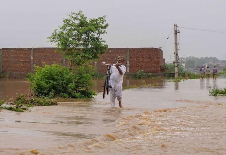 पंजाब के अंबाला में भी भारी बारिश के बाद बाढ़ जैसी स्थिति हो गई है. इस तस्वीर में एक शख्स अपनी साईकिल उठाकर सड़क पार करते हुए दिखाई दे रहा है जो पूरी तरह पानी में डूबी हुई है.