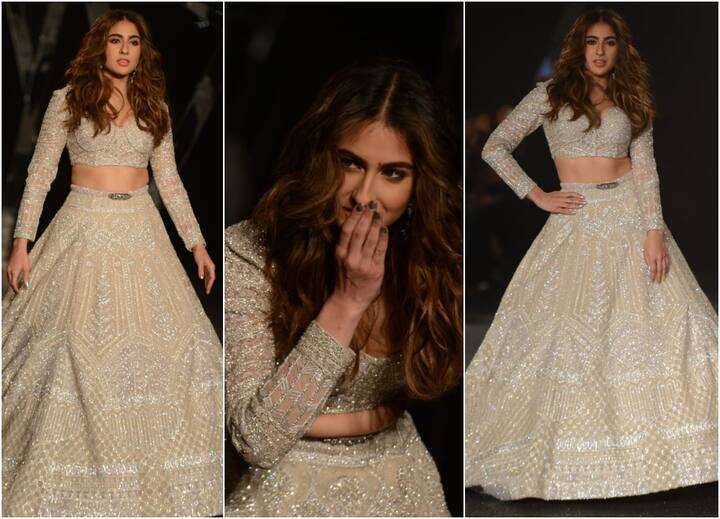 केदारनाथ फिल्म से बॉलीवुड में डेब्यू करने वाली सारा अली खान आजकल हमेशा सुर्खियों में रहती हैं. इन दिनों ये एक्ट्रेस फिल्म लव आजकल 2 को लेकर चर्चा बटोर रही हैं. इसी बीच कल रात सारा Indian Couture Week फैशन शो में रैंप पर उतरीं. देखिए तस्वीरें