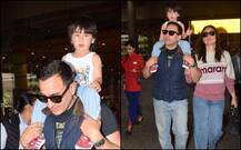 IN PICS: छुट्टियां मनाकर मुंबई लौटे करीना और सैफ, पापा के कंधे पर इंजॉय करते दिखे तैमूर