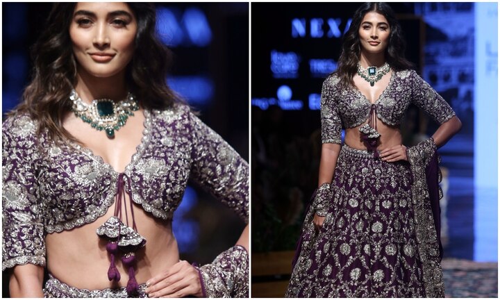 मोहेंजो दारो फिल्म में नज़र आ चुकी ये अभिनेत्री मीनाकारी डिजाइन से सजी एक बैंगनी रंग की लहंगा चोली पहने हुए रैंप पर उतरीं.