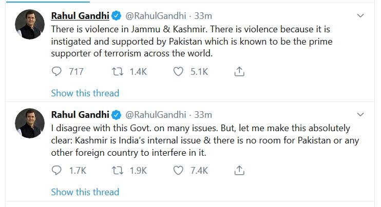 कश्मीर पर राहुल गांधी ने पाक को लताड़ा, कहा- सरकार से कई मुद्दों पर असहमत लेकिन बाहरी दखल की जगह नहीं