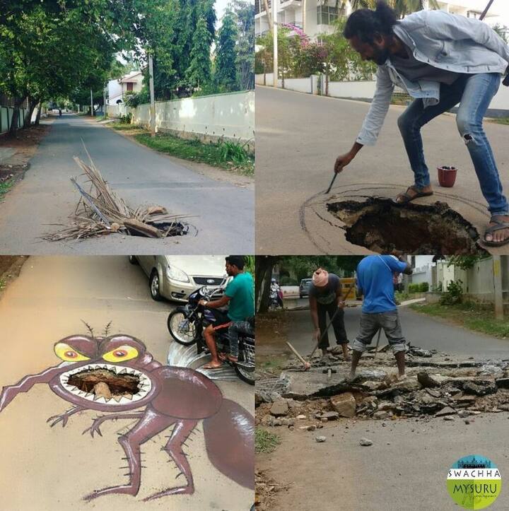 वह सड़कों पर बने गड्ढों पर आर्ट वर्क करते रहते हैं.